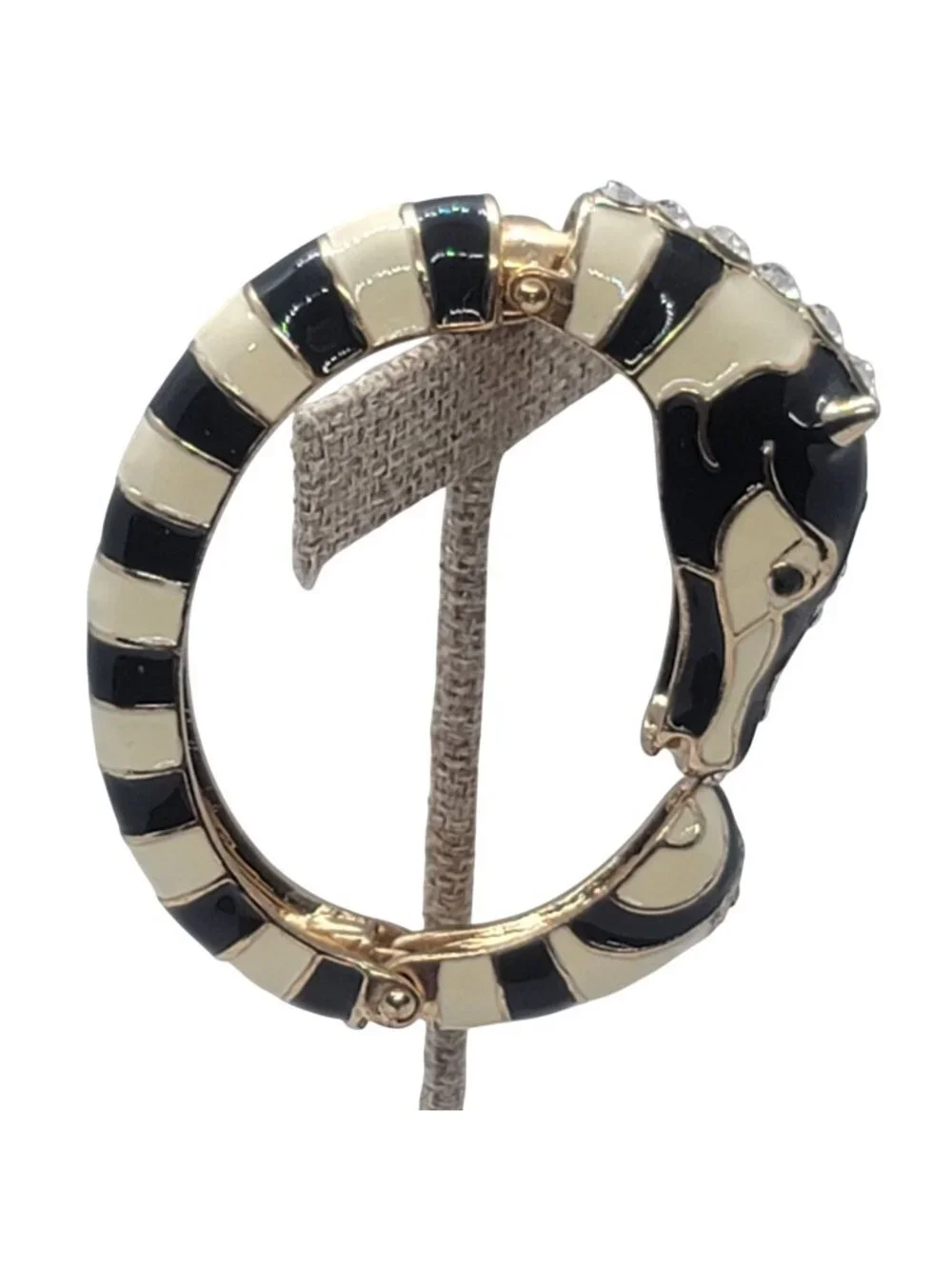 Zebra Head Enamel Rhinestone Clamper Bangle Bracelet Black Ivory Gold-Tone 1960s